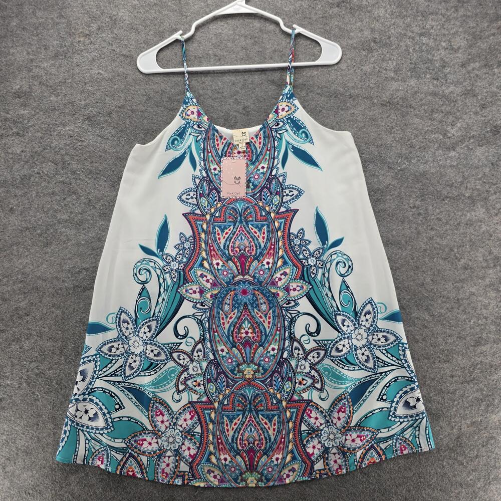 Pink Owl Apparel Dress Womens Small White Turquoise Boho Paisley Shift Lined